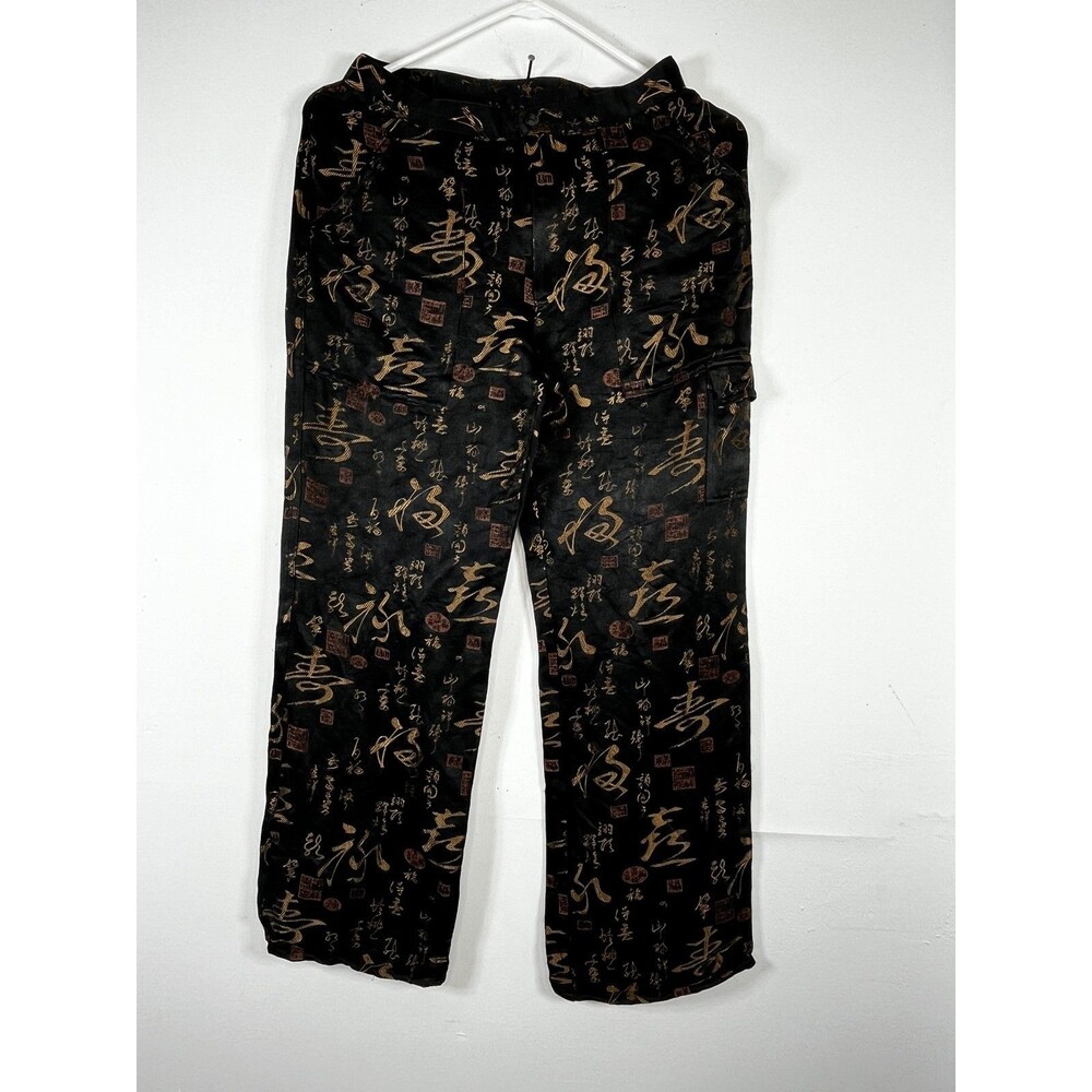 Chico's Design Pants Womens 0 S Black Silk Satin Cargo Calligraphy Print Pockets
